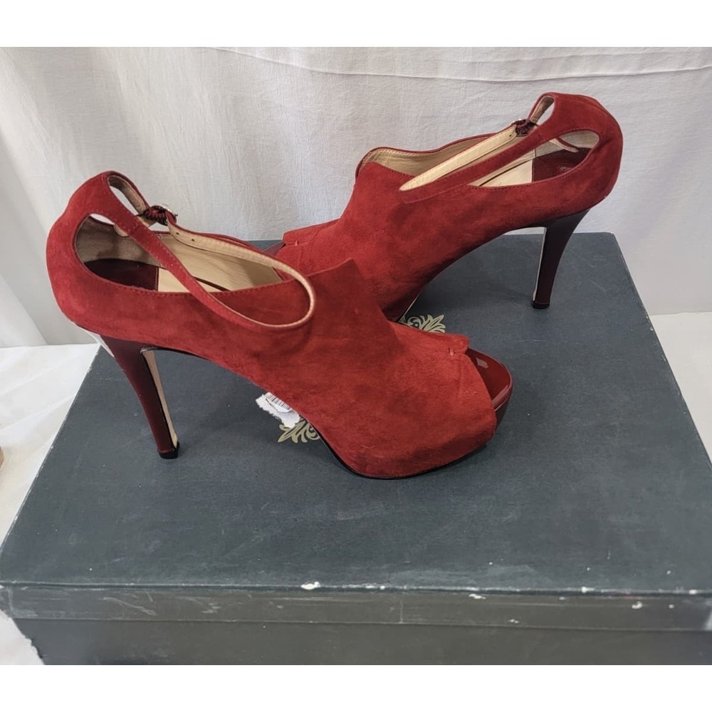 La Fenice Venezia Women's Heels Red Size 9.5 Peep Toe Ankle Strap Platform Suede